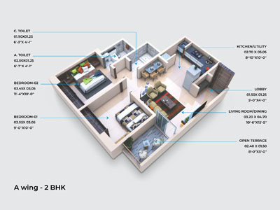 A Wing 2 BHK Cut Section