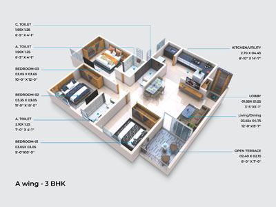 A Wing 3 BHK Cut Section
